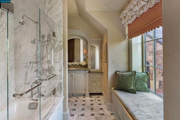 Bathroom, Chandelier, Glass Shower, Interior, Marble, Marble Walls