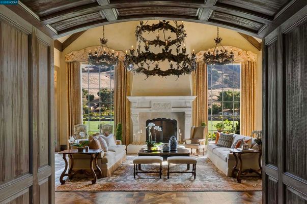 Chandelier, Fireplace, Interior, Living room, Wooden Ceilings, Wood Texture Flooring