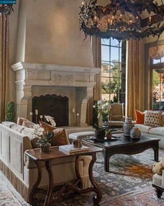 Chandelier, Fireplace, Interior, Living room