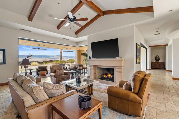 Fireplace, Interior, Living room, Recessed Lighting, Wooden Beams