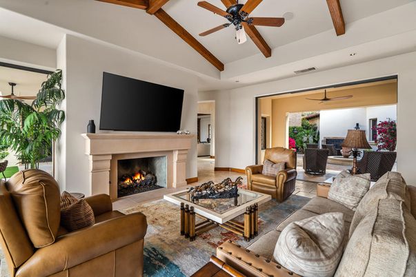 Fireplace, Interior, Living room, Recessed Lighting, Wooden Beams