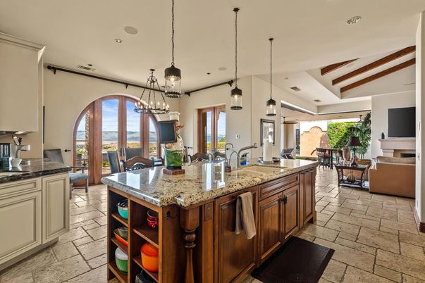 Dining room, Fireplace, Interior, Kitchen, Living room, Pendant Lights, Recessed Lighting, Wooden Beams