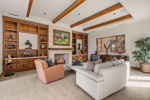 Fireplace, Interior, Living room, Recessed Lighting, Wooden Beams