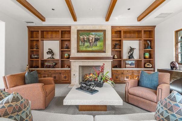 Fireplace, Interior, Living room, Recessed Lighting, Wooden Beams