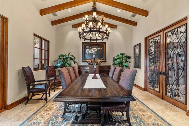 Chandelier, Dining room, Interior, Recessed Lighting, Wooden Beams