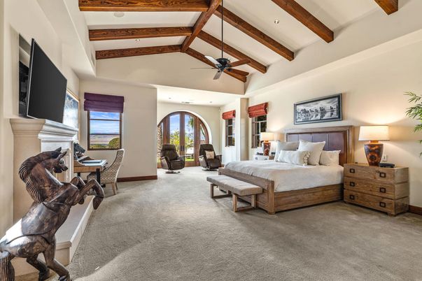 Bedroom, Fireplace, Interior, Recessed Lighting, Wooden Beams