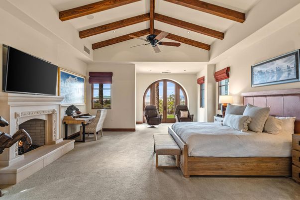 Bedroom, Fireplace, Interior, Recessed Lighting, Wooden Beams