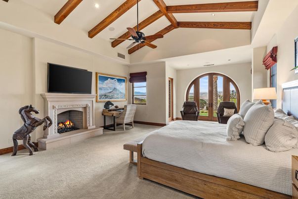 Bedroom, Fireplace, Interior, Recessed Lighting, Wooden Beams