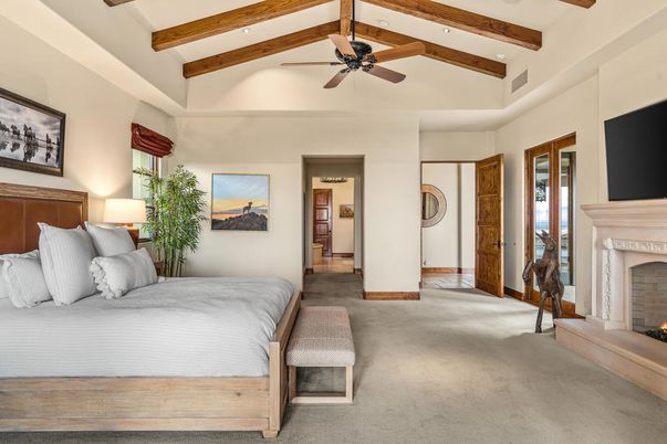 Bedroom, Fireplace, Interior, Recessed Lighting, Wooden Beams