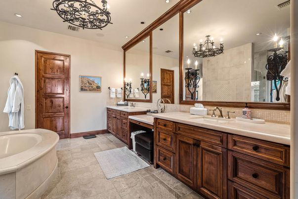 Bathroom, Chandelier, Dual Sink Vanities, Interior, Recessed Lighting