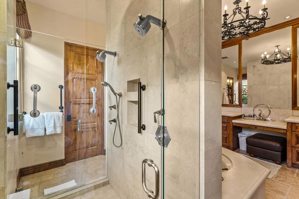 Bathroom, Chandelier, Glass Shower, Interior, Recessed Lighting