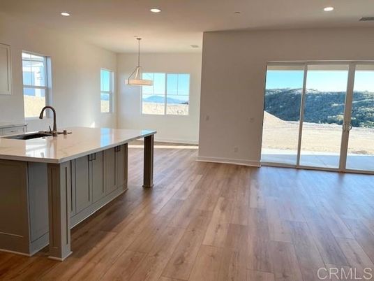 Empty room, Interior, Kitchen, Pendant Lights, Recessed Lighting, Wood Texture Flooring