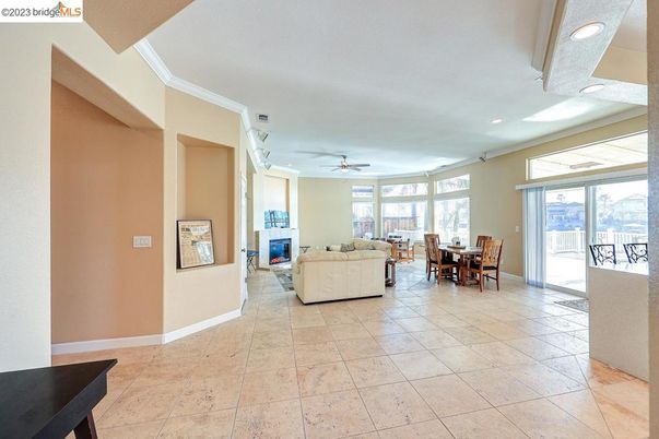 Dining room, Fireplace, Interior, Living room, Recessed Lighting