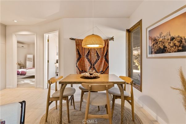 Bedroom, Dining room, Interior, Pendant Lights, Recessed Lighting, Wood Texture Flooring