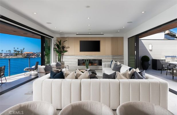 Dining room, Fireplace, Interior, Living room, Recessed Lighting, Water