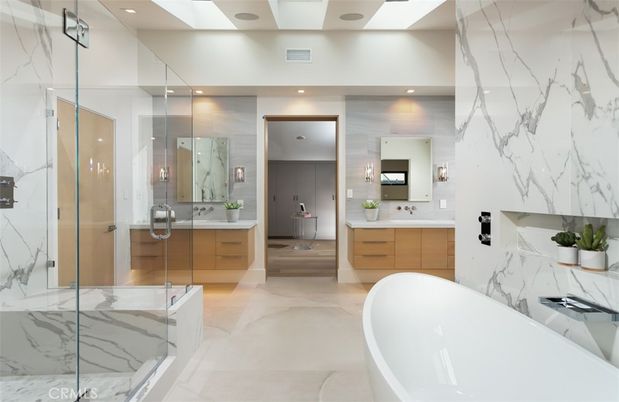 Bathroom, Dual Sink Vanities, Free Standing Baths, Glass Shower, Interior, Marble Walls, Recessed Lighting