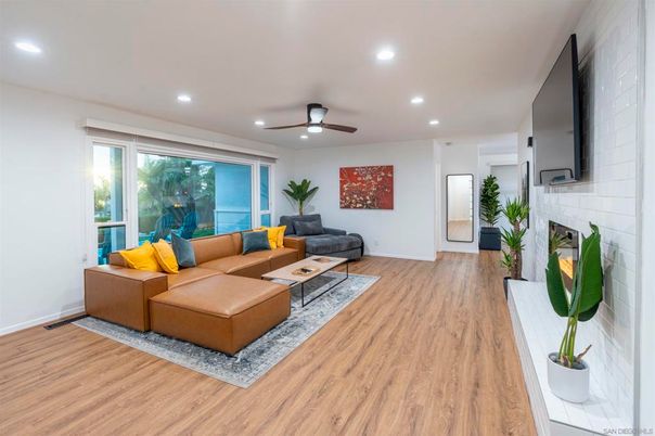 Fireplace, Interior, Living room, Recessed Lighting, Wood Texture Flooring