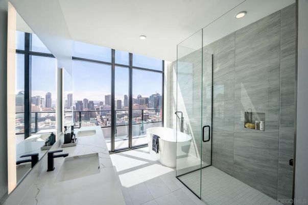 Bathroom, Free Standing Baths, Glass Shower, Interior, Recessed Lighting