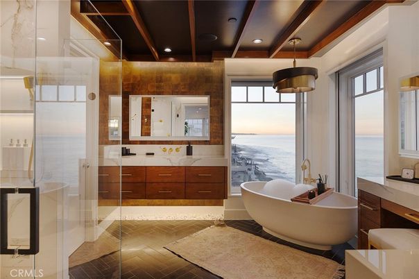 Bathroom, Dual Sink Vanities, Free Standing Baths, Glass Shower, Interior, Pendant Lights, Recessed Lighting, Water