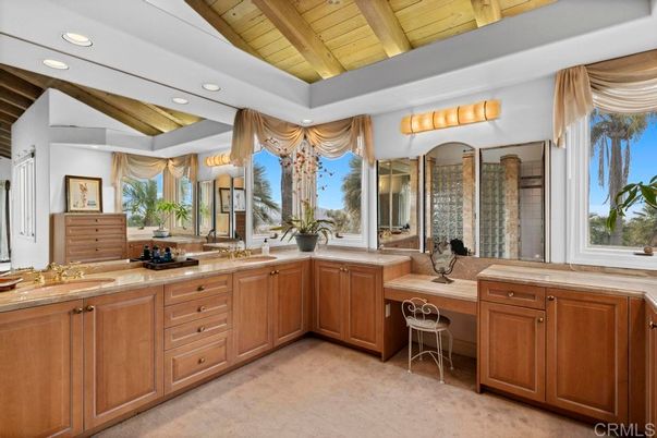 Bathroom, Dual Sink Vanities, Interior, Recessed Lighting, Wooden Beams, Wooden Ceilings