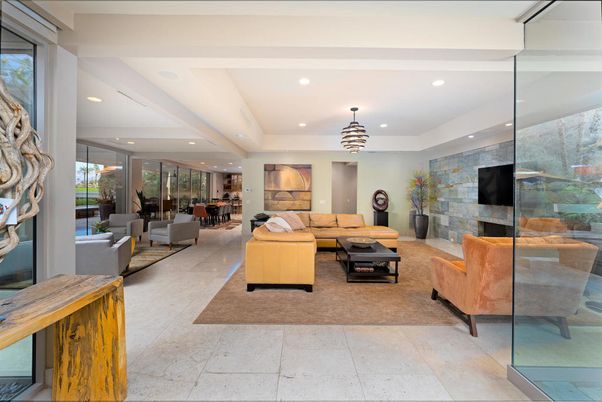 Interior, Living room, Pendant Lights, Recessed Lighting, Stone Walls