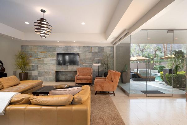 Fireplace, Interior, Living room, Pendant Lights, Recessed Lighting, Stone Walls