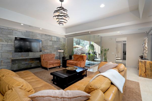 Fireplace, Interior, Living room, Pendant Lights, Recessed Lighting, Stone Walls