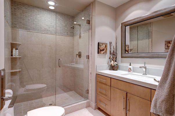 Bathroom, Glass Shower, Interior, Recessed Lighting