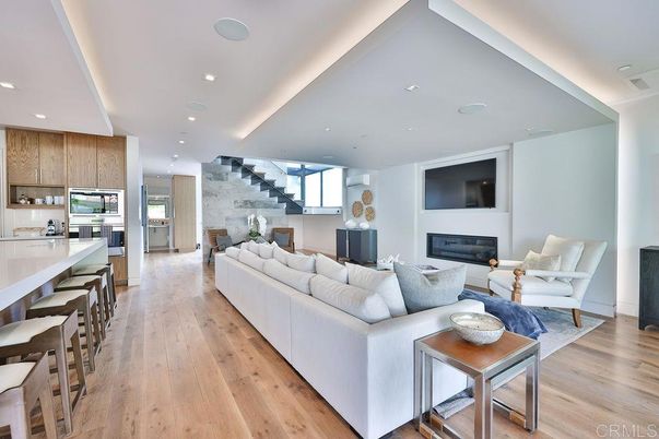 Fireplace, Interior, Kitchen, Living room, Recessed Lighting, Stainless Steel Appliances, Wood Texture Flooring