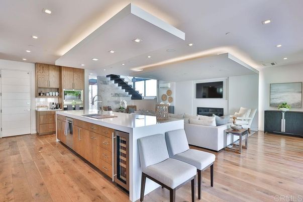 Fireplace, Interior, Kitchen, Living room, Recessed Lighting, Stainless Steel Appliances, Wood Texture Flooring