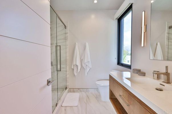 Bathroom, Glass Shower, Interior, Marble, Recessed Lighting