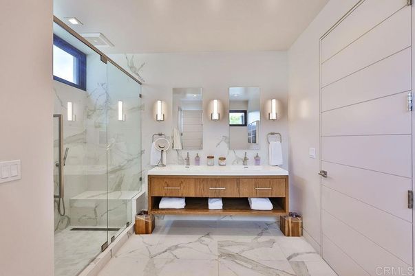 Bathroom, Dual Sink Vanities, Glass Shower, Interior, Marble, Marble Walls, Recessed Lighting