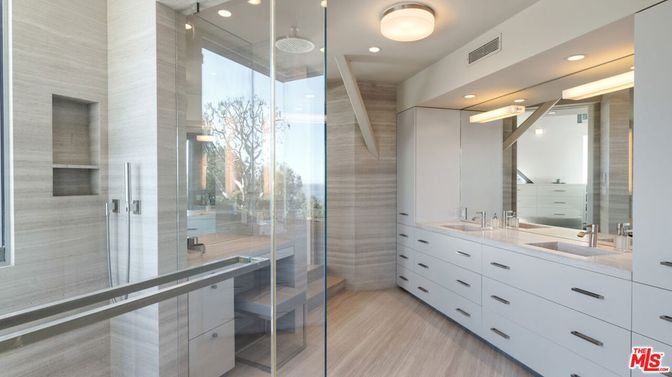 Bathroom, Dual Sink Vanities, Glass Shower, Interior, Pendant Lights, Recessed Lighting, Wood Texture Flooring