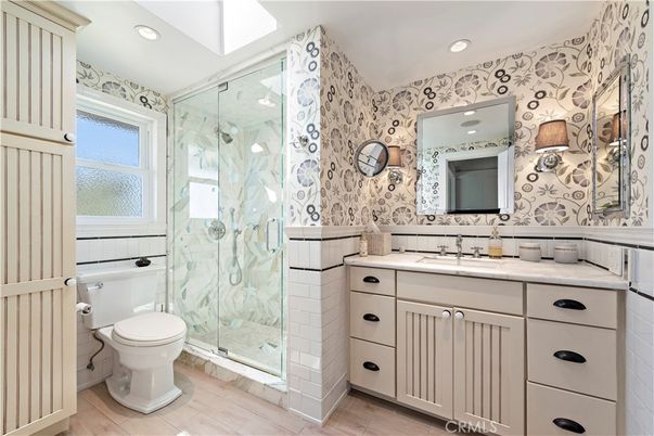 Bathroom, Glass Shower, Interior, Recessed Lighting, Wood Texture Flooring
