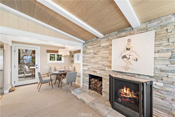Dining room, Fireplace, Interior, Pendant Lights, Stone Walls