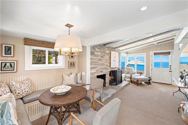 Fireplace, Interior, Living room, Recessed Lighting, Stone Walls, Water