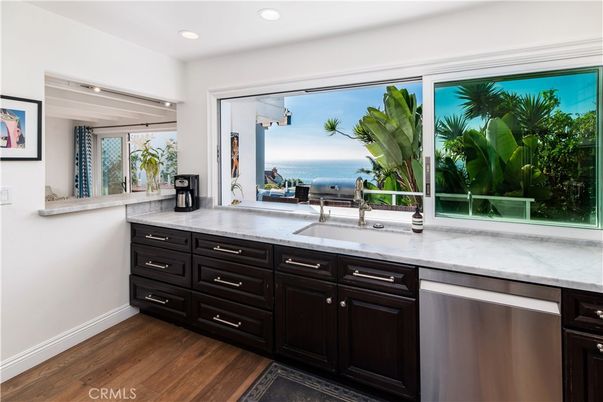 Interior, Kitchen, Recessed Lighting, Stainless Steel Appliances, Water, Wood Texture Flooring
