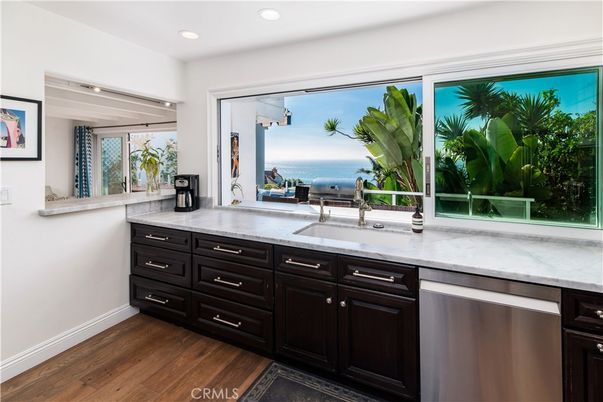 Interior, Kitchen, Recessed Lighting, Stainless Steel Appliances, Water, Wood Texture Flooring