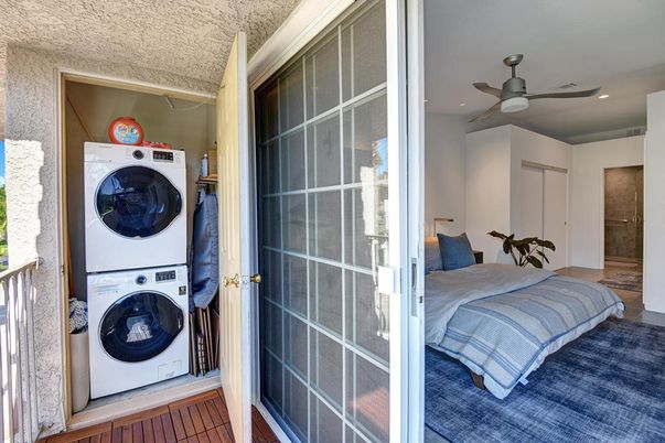 Bedroom, Interior, Recessed Lighting, Utility Closets, Washer, Wood Texture Flooring