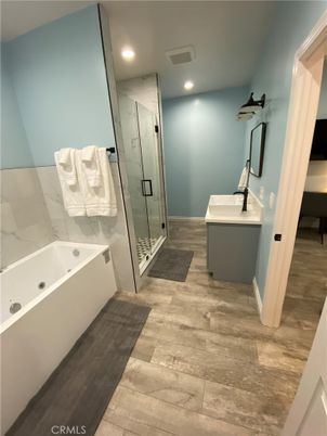 Bathroom, Glass Shower, Interior, Recessed Lighting, Wood Texture Flooring