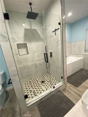 Bathroom, Glass Shower, Interior, Marble Walls, Recessed Lighting, Wood Texture Flooring