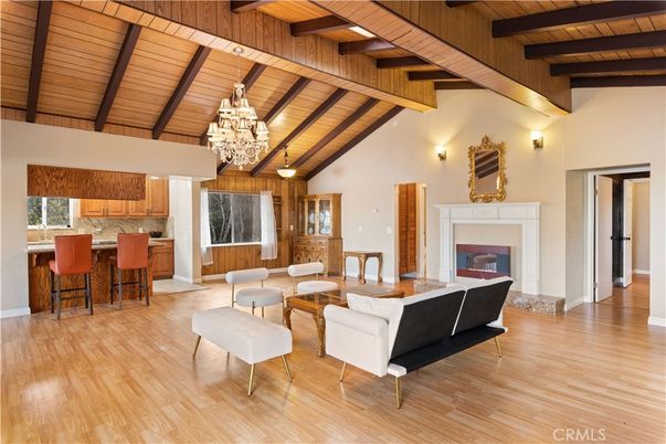 Chandelier, Fireplace, Interior, Kitchen, Living room, Pendant Lights, Wooden Beams, Wooden Ceilings, Wood Texture Flooring