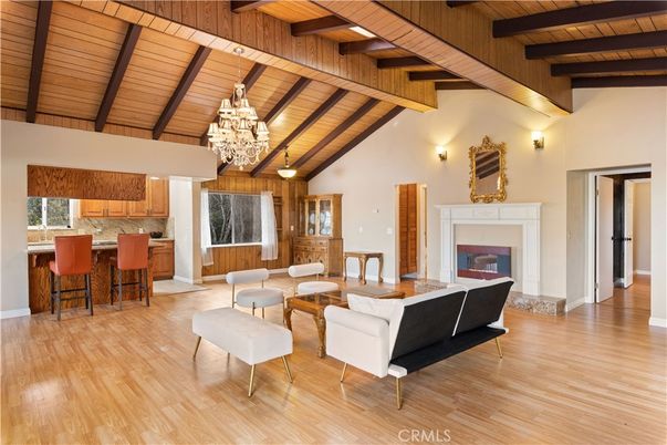 Chandelier, Fireplace, Interior, Kitchen, Living room, Pendant Lights, Wooden Beams, Wooden Ceilings, Wood Texture Flooring