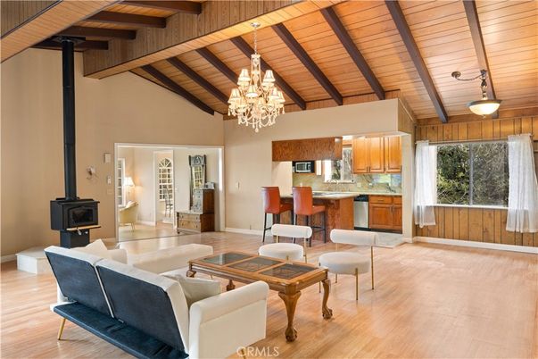 Chandelier, Dining room, Fireplace, Interior, Kitchen, Living room, Wooden Beams, Wooden Ceilings, Wood Texture Flooring