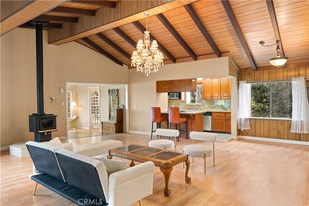Chandelier, Dining room, Fireplace, Interior, Kitchen, Living room, Wooden Beams, Wooden Ceilings, Wood Texture Flooring