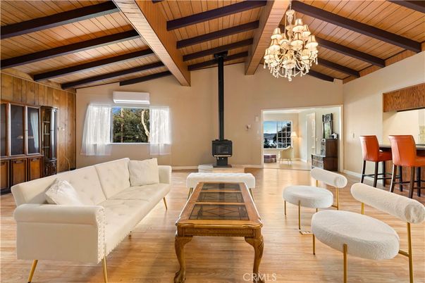 Chandelier, Dining room, Fireplace, Interior, Living room, Wooden Beams, Wooden Ceilings, Wood Texture Flooring