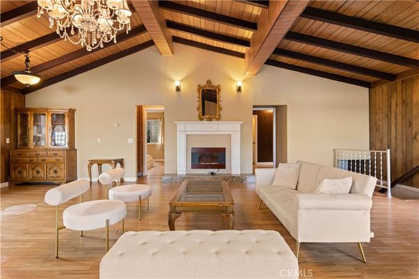 Chandelier, Fireplace, Interior, Living room, Wooden Beams, Wooden Ceilings, Wood Texture Flooring