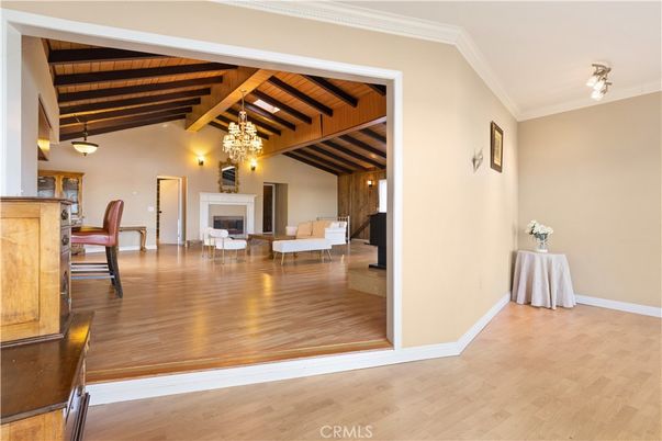 Chandelier, Dining room, Fireplace, Interior, Pendant Lights, Wooden Beams, Wooden Ceilings, Wood Texture Flooring