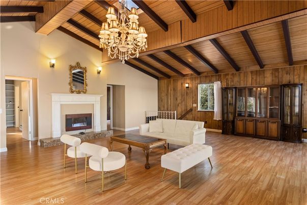Chandelier, Fireplace, Interior, Living room, Wooden Beams, Wooden Ceilings, Wood Texture Flooring, Wooden Walls