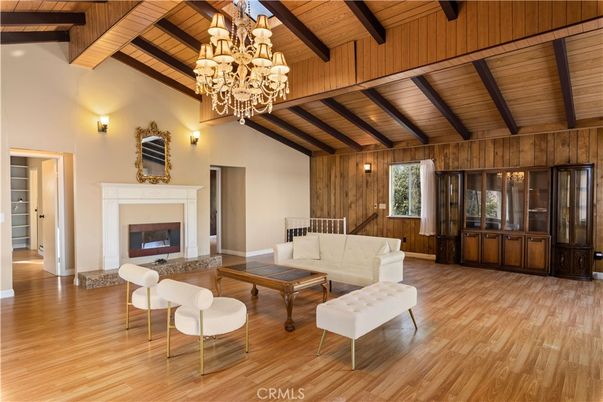 Chandelier, Fireplace, Interior, Living room, Wooden Beams, Wooden Ceilings, Wood Texture Flooring, Wooden Walls